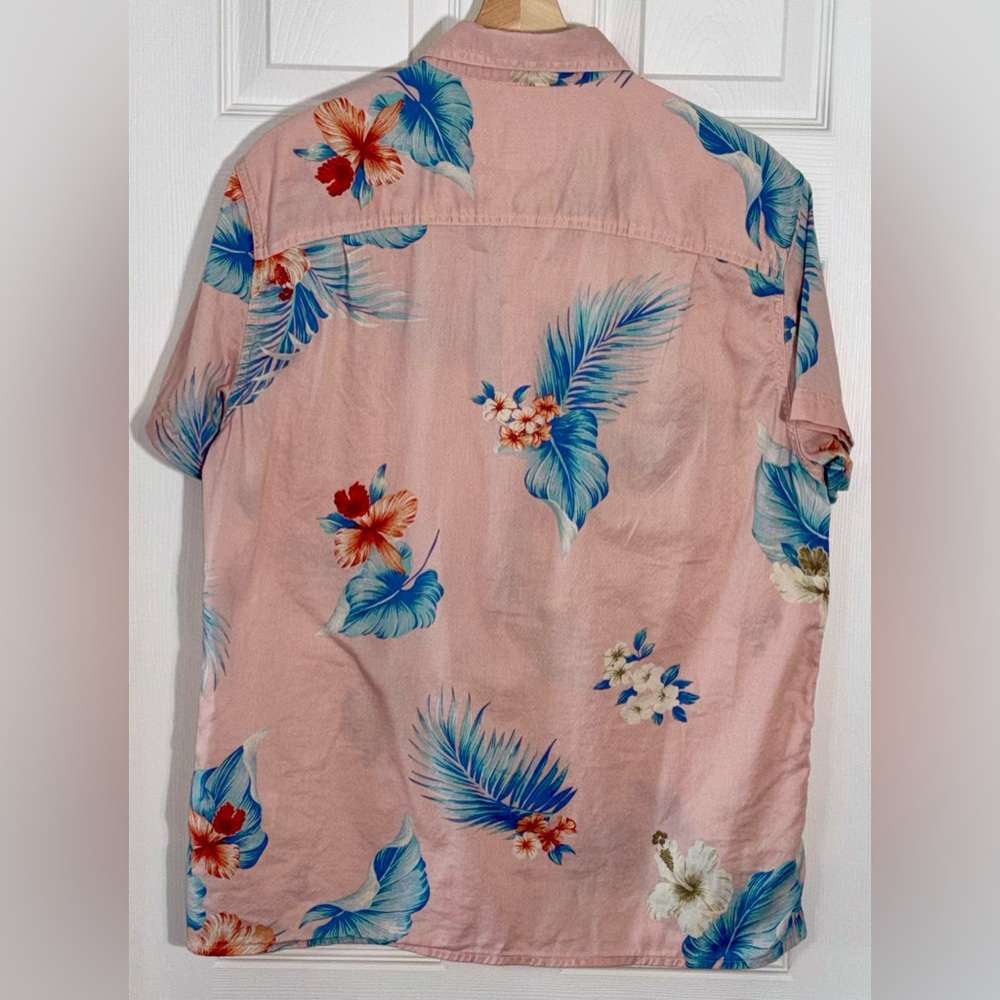 American Eagle AE Pink Tropical Floral Hawaiian Shirt Mens Medium Cotton Linen - Picture 2 of 4